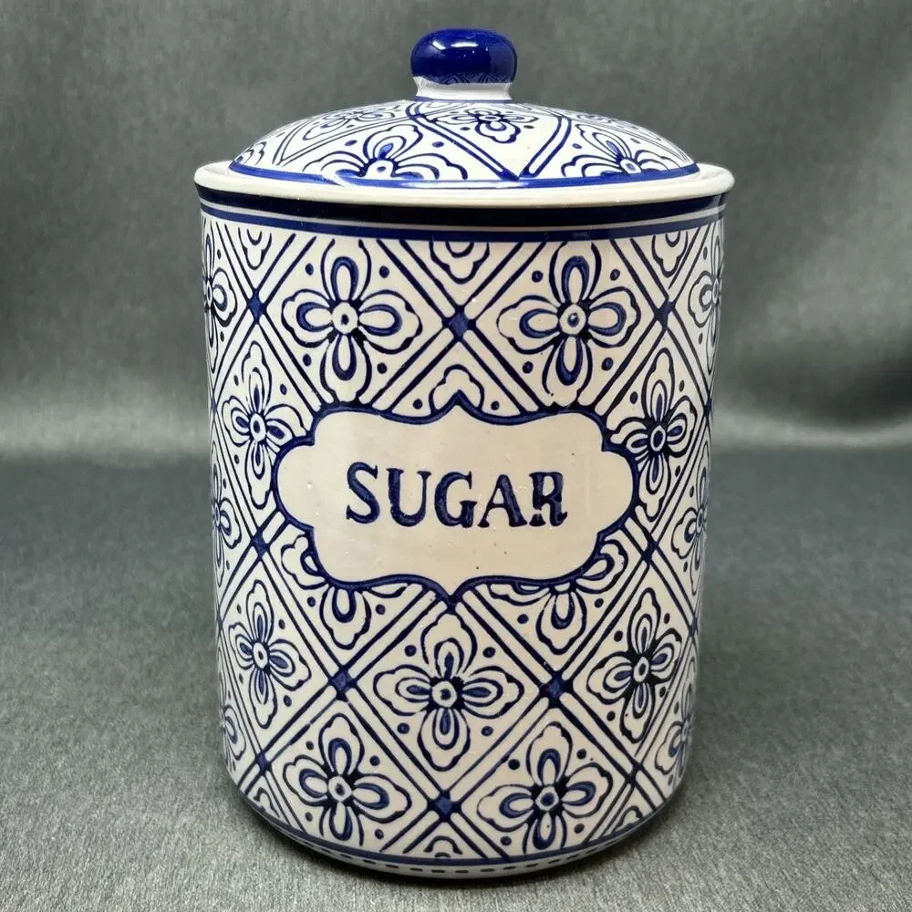 Home Essentials Blue Stamp Sugar Canister Ceramic Blue White Tile Pattern Decor